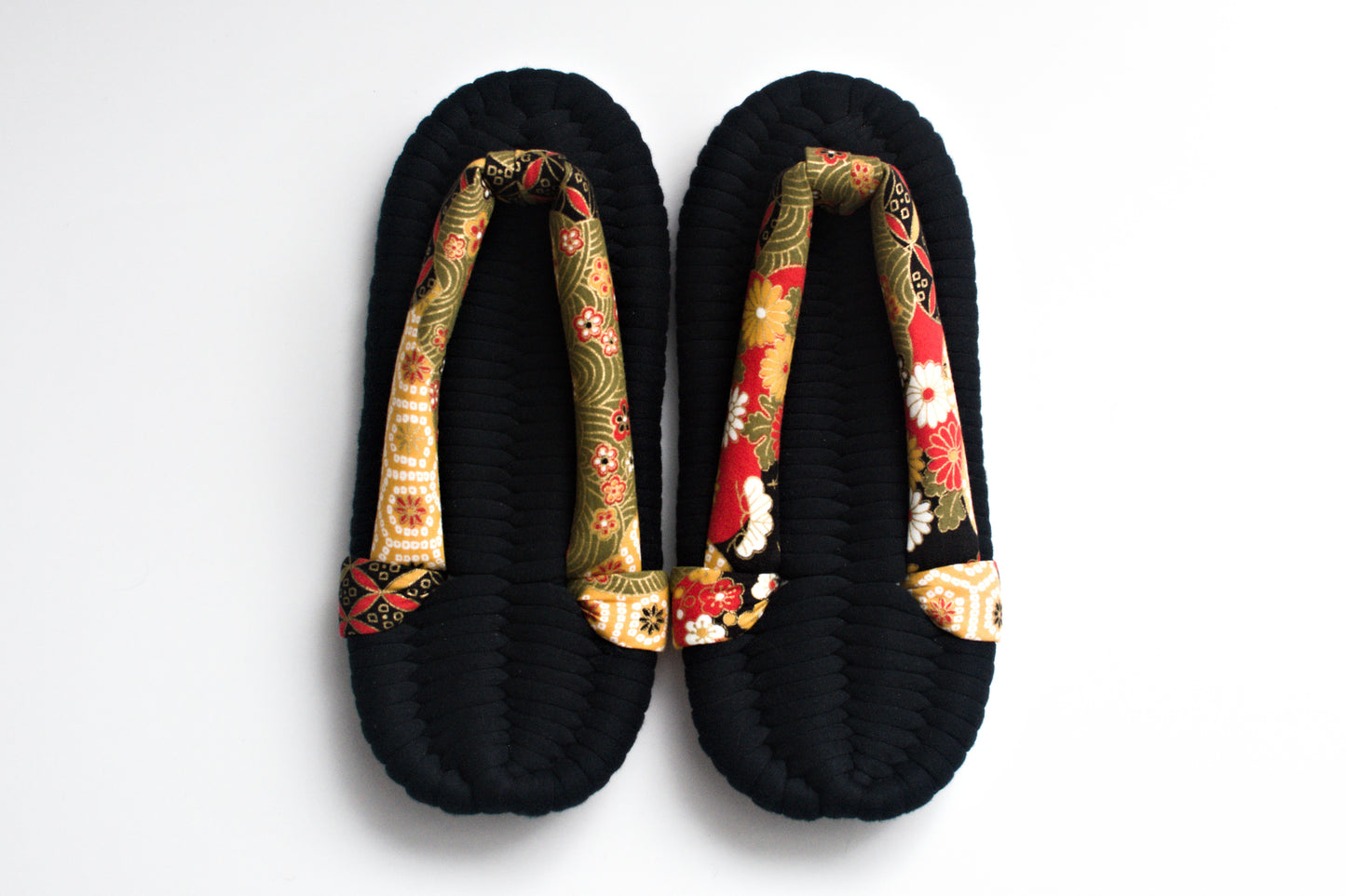 Handmade Nuno Zori Slippers, Black Floral, Front