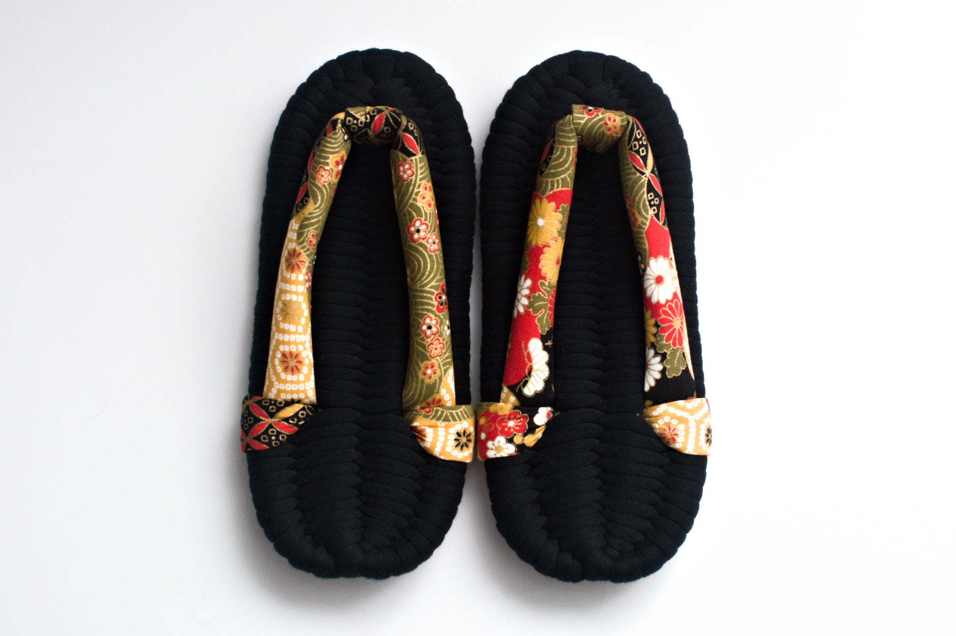 Handmade Nuno Zori Slippers, Black Floral, Front