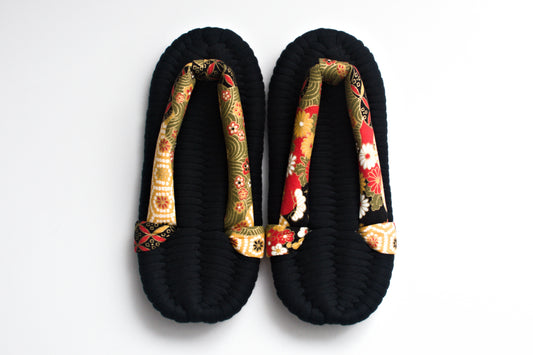 Handmade Nuno Zori Slippers, Black Floral, Front