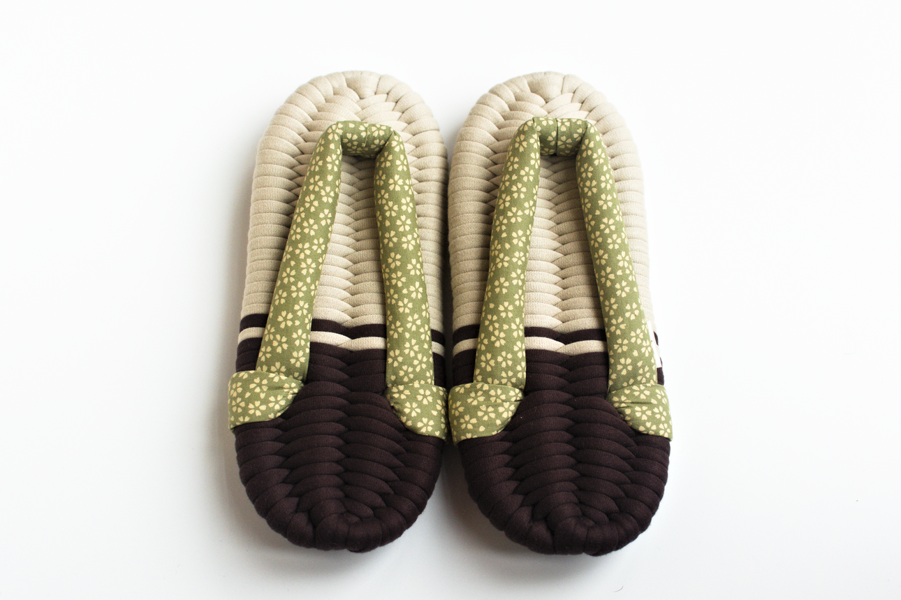Handmade Nuno Zori Slippers, Green Sakura, Front